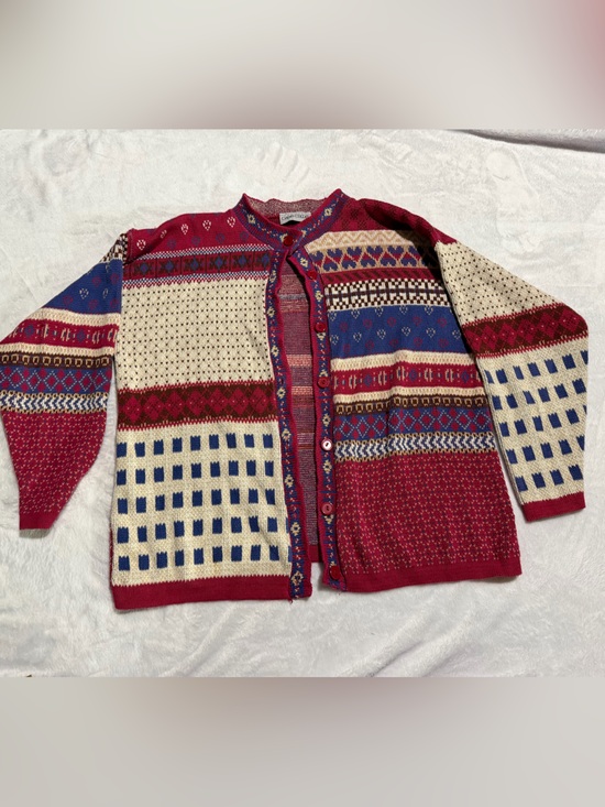Cabin Creek Sweaters - Vintage Cabin Creek Geometric Patchwork Knit Cardigan Grandpa Sweaters